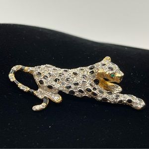 Leopard Rhinestone and Black Enamel Brooch